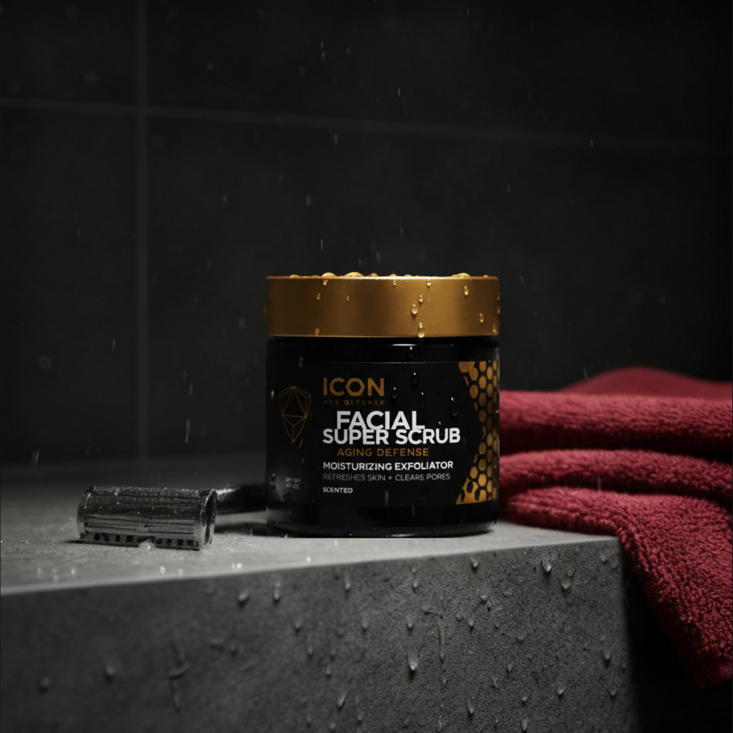 Icon Facial Super Scrub jar with a razor on a textured surface with a dark background