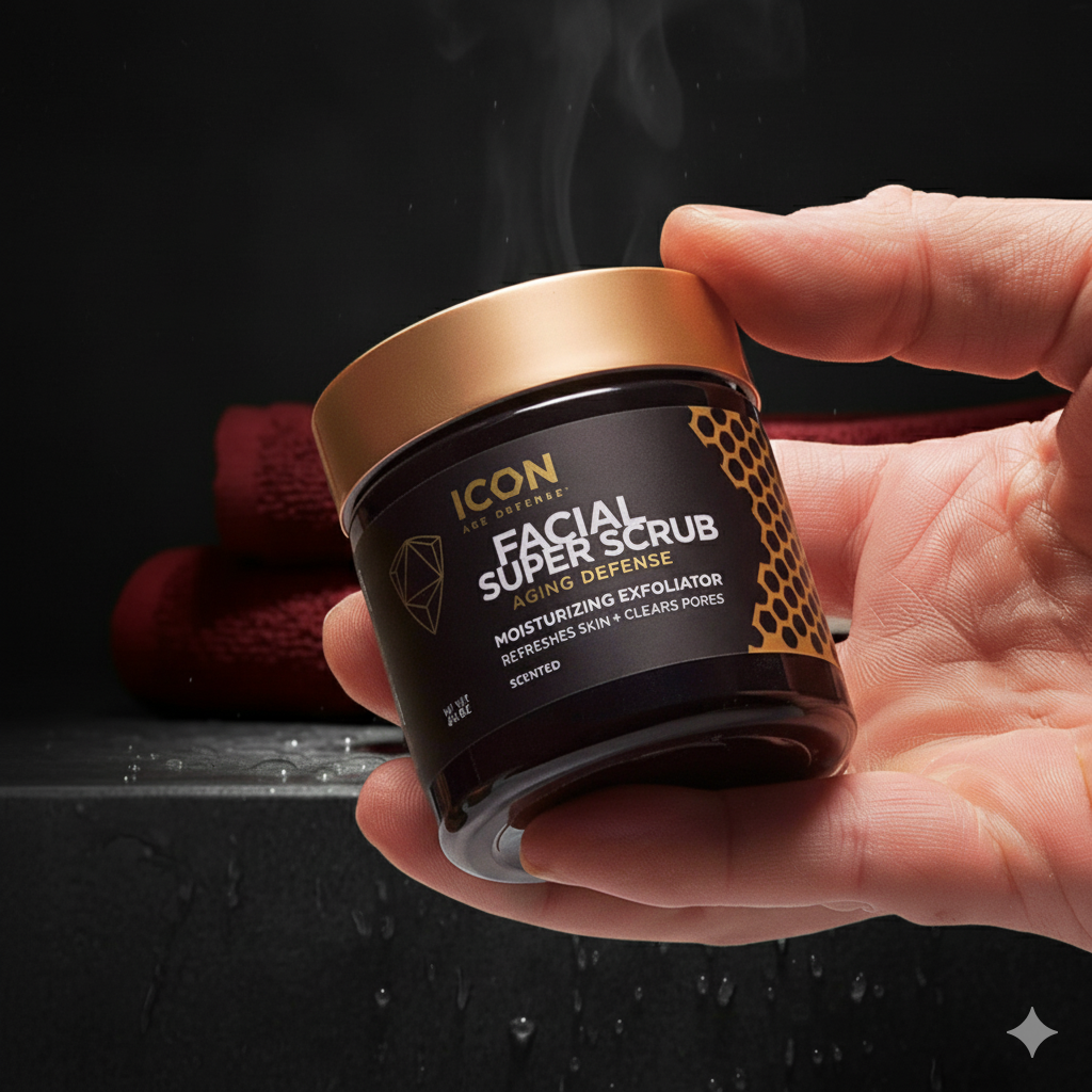 Hand holding a jar of ICON Facial Super Scrub with a dark background